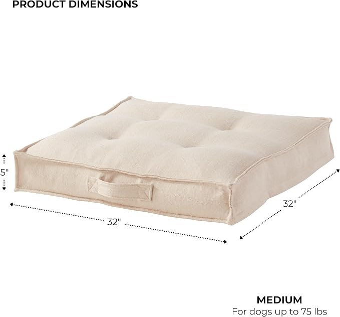 Indoor Dog Bed with Removable Washable Cover, Soft Basketweave Fabric, Reversible Cushion, Carry Handle, Baffle Construction to Help Prevent Fill Shifting, Cream - Medium (32"x32")