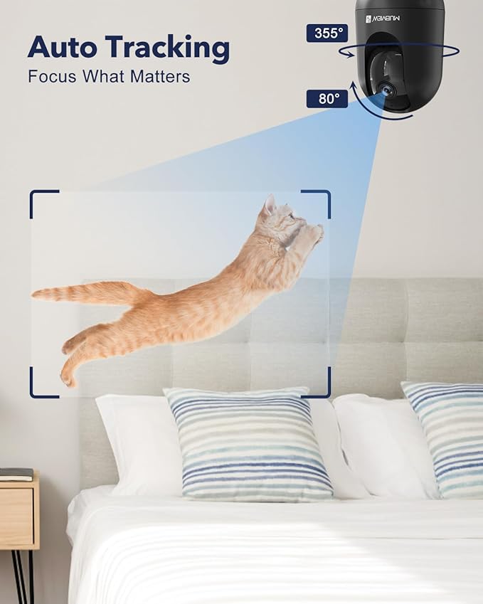 MUBVIEW Cameras for Home Security, Indoor Security Camera, 2.4/5GHz WiFi Wired Camera Ideal for Dog/Elder/Baby, Motion Tracking, Two-Way Audio, Pan Tilt, 7X24, 2K Night Vision | 2.4/5GHz WiFi, pan-tilt view, motion tracking, 24/7 monitoring, 2-way audi...