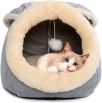 Cat Beds for Indoor Cats-Rabbit-Shaped Cat Cave Bed with Hanging Toy,Grey L | Super Soft Calming cat Tent house for Kitten&Puppy,Warm Plush&Machine Washable&Removable Cushioned Pad,Cute cat Hideaway