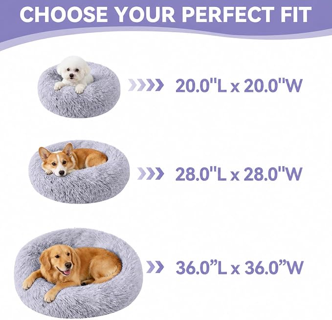 Calming Donut Dog Bed for Medium Dogs, Ultra Soft Fluffy Anti Anxiety Pet Bed, Plush Round Washable Dog Bed with Raised Rim for Corgi, French Bulldog, Shiba Inu & Indoor Pets (Light Grey, 28 Inch)
