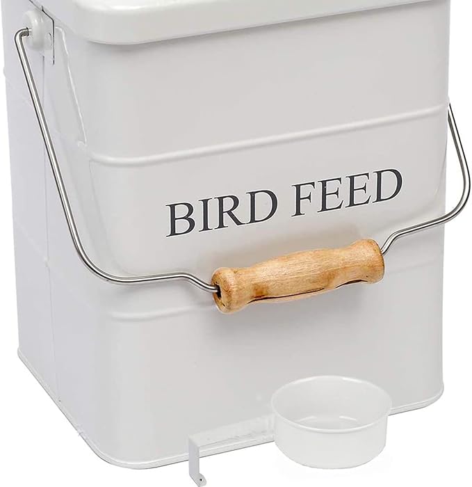 Pet Food Storage Tin with Lid, Metal Bird Seed and Feed Container with Serving Scoop, Treats Storage Canister Bin Can for Dogs, Cats Food, Coated Carbon Steel, Tight Fitting Lid, White, 5-6 Lbs