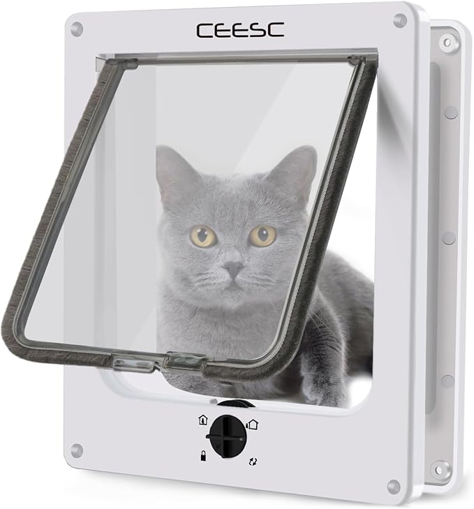 CEESC Large Cat Door for Interior/Exterior, for Pets <23.62", White | Rotary 4-Way Lock, Weatherproof, Fits doors 1.26-2.14", Adjustable tunnel depth, Upgraded version