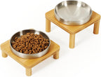 DoogCat Raised Cat Bowl, Elevated Cat Bowls with Bamboo Stand, Set of 2 | Premium Stainless Steel Bowls, Adjustable Height, Whisker-Friendly Design, Elevated Feeding, Easy to Clean
