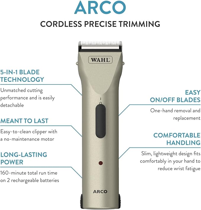 Wahl Professional Animal Arco Cordless Clipper Kit, 8786-452, Champagne | Professional-Grade Pet Clippers for Grooming, 5-in-1 Fine Adjustable Blade, Perfect for Cats and Small to Medium-Sized Dogs