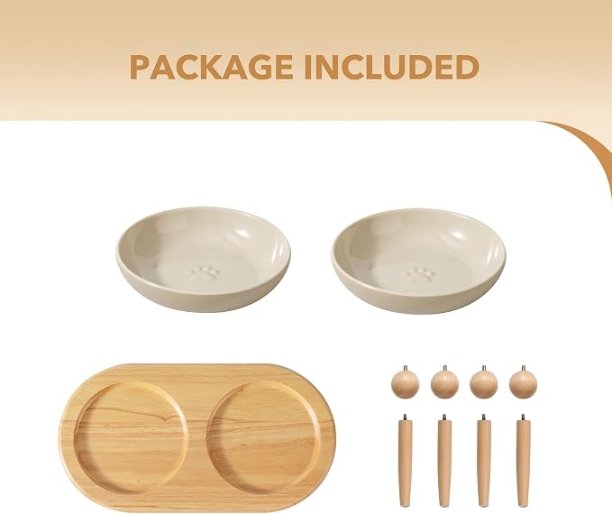 Havniva Elevated Cat Bowls, Raised Cat Bowl Ceramic Cat Dishes with Stand | Raised Cat Food Bowls, Whisker Friendly, 6” Shallow Cat Dishes, Wide Cat Plates, Non-Slip Wood Stand, Two Heights