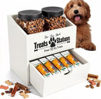 Pet Food Storage Container with Drawer, Wooden Dog Treat Container | White Pet Food Storage with 2 Plastic Dog Treat Jars for Dog and Cat, Dual Desk & Wall Mount Design