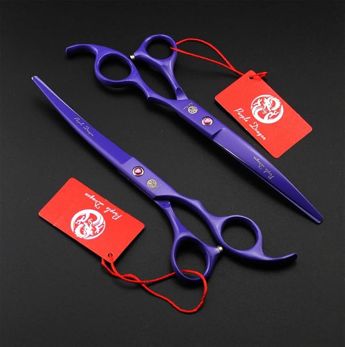 Purple Dragon 7.0 inch Dog Grooming Scissors Set with Silencer - Violet | 4PCS Pet Grooming Shears Kit with Straight, Curved, Thinning Blade, Comfortable Grip, Japanese 440C Steel, Gift for Groomers