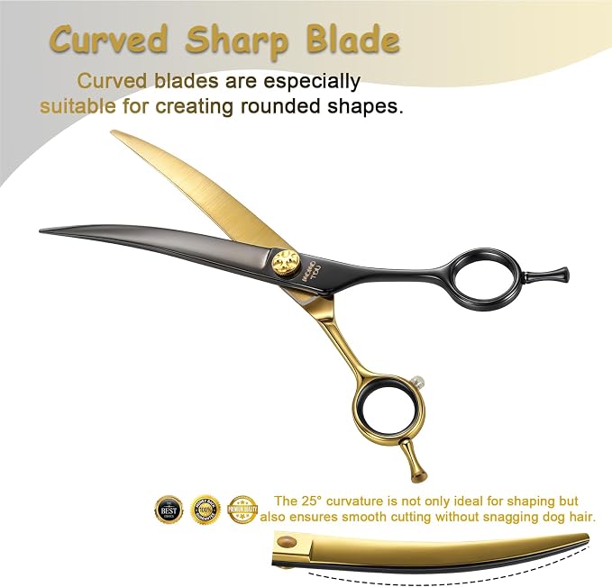 7'' Black & Gold Dog Grooming Scissors Set with Comb Curved Thinning Chunker Straight Shears 4PCS in Scissors Bag 440C Stainless Steel Sharp and Durable for Groomers and Beginners.