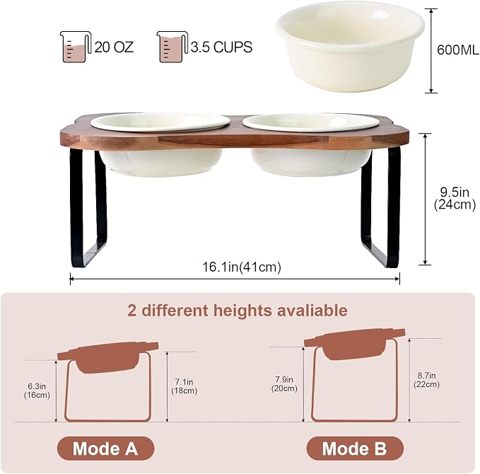SPUNKYJUNKY Ceramic Elevated Tilted Dog Bowls Bone-Shaped Raised with 2 Height Iron Stand, 6.9'' Dog and Cat Food Water Bowls Set Non-Slip for Small Medium Sized Breed - 20 OZ,Beige