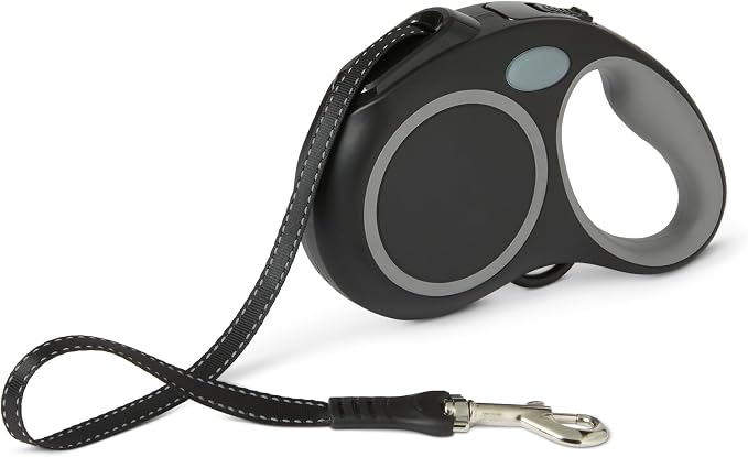 Amazon Basics Reflective Retractable Dog Leash, 16.4 Ft Tape Leash for Dogs Up to 55 Lbs, Non-Slip Comfort Grip, Quick-Lock, Medium, Black