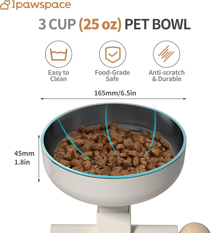 Raised Cat Bowl,Elevated Cat Bowl Stand with 3-Level Height,White | 5.6''/6.2''/6.8'' Height Elevated,0-17.5° tilt Neck-Friendly,25 OZ Large Capacity,304 Stainless Steel,Cats and Puppy