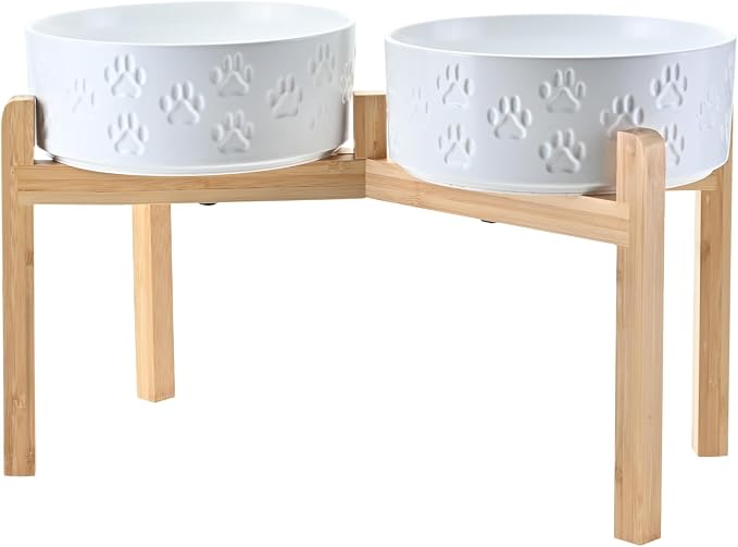 SPUNKYJUNKY Elevated Dog Bowls Ceramic, 8.3'' Dogs Food Water Bowls Raised with Non-Slip Bamboo Stand for Large Sized Breed Microwave Dishwasher Safe - 60 OZ,Paw White