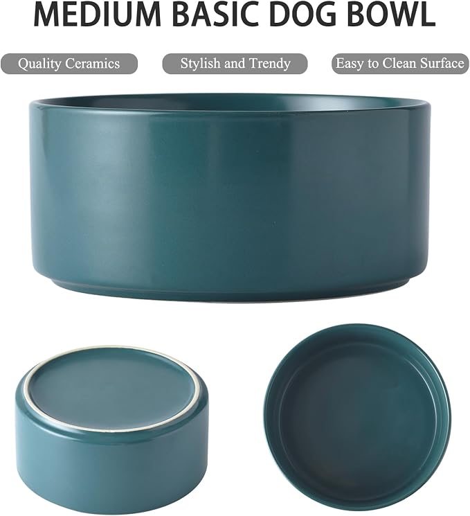 6'' Ceramic Raised Dog Bowl - 30Oz Dog Food & Water Bowl with Elevated Non-Slip Bamboo Stand, Dishwasher & Microwave Safe, Anti Vomiting Heavy Duty Pet Bowl for Small and Medium Dogs, Green