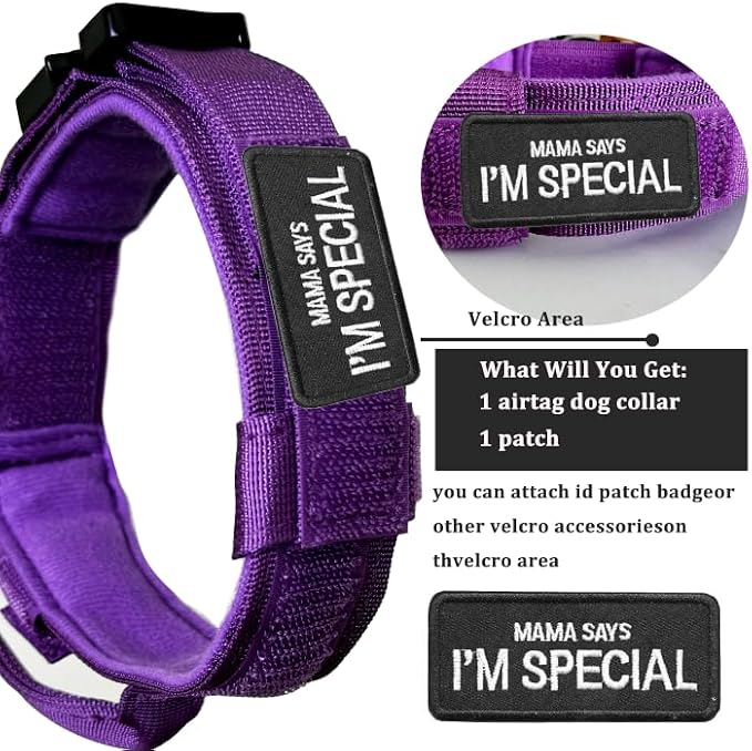 Tactical Dog Collar and Leash Set with Airtag Holder Waterproof Dog Airtag Collar with Handle Adjustable Heavy Duty Dog Collar Leash Set(DeepPurple，M