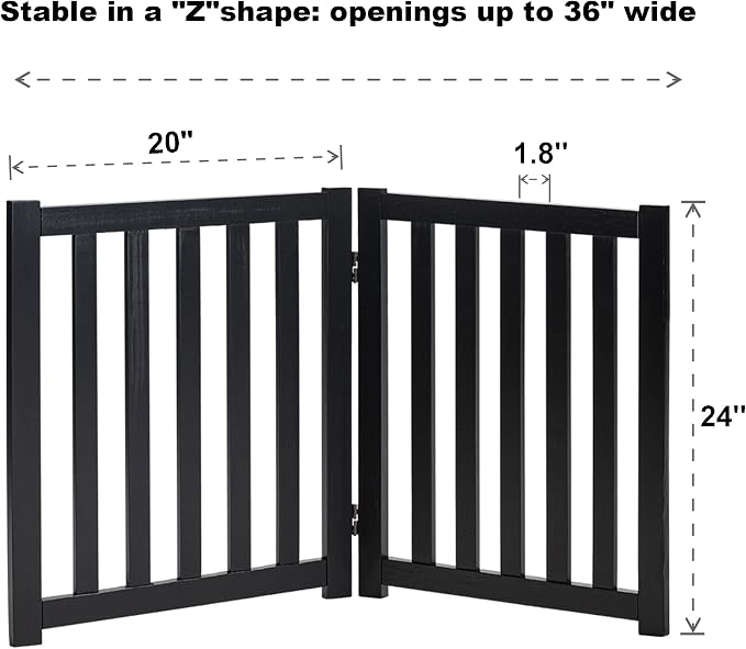 LZRS Wooden Free Standing Foldable Dog Gate Indoor – Solid Hard Wood 40" W x 24" H, Step-Over Safety Pet Gate for Doorways, Stairs & Small Spaces - Indoor Use, Black