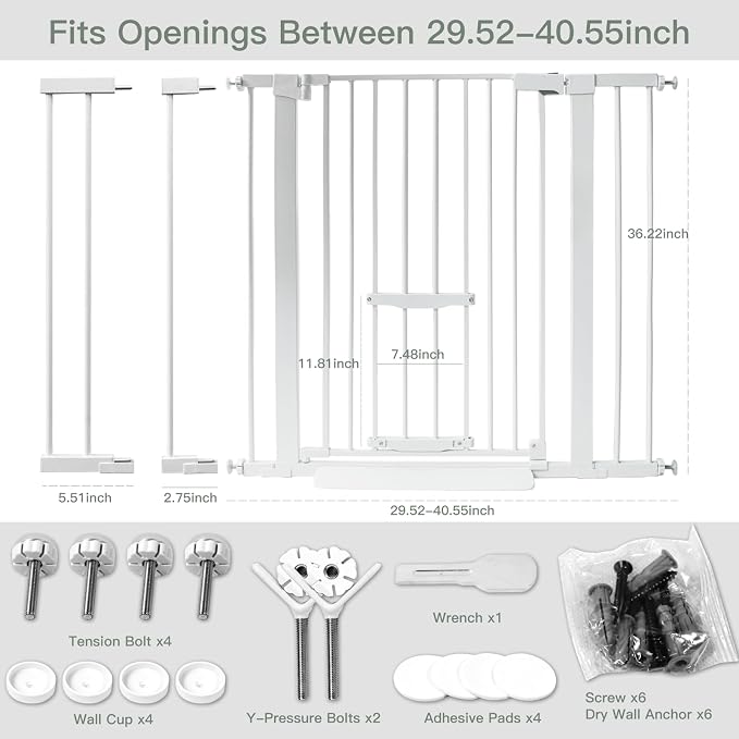 SHYUJAJIE 37 Inch Tall Baby Gate with Small Cat Door | Adjustable 29.55"-40.55 "Wide,Auto Close Dog Gate Easy Walk Thru Pet Gate for Stairs, Doorway, House, Pressure Mounted