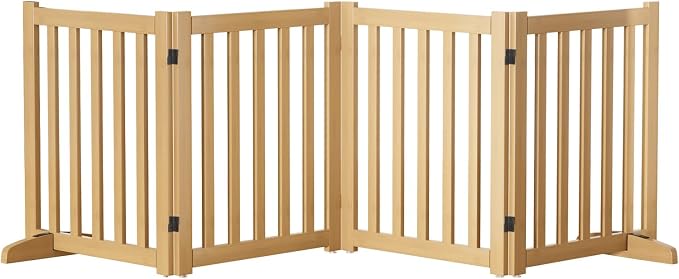 Wooden Freestanding Foldable Dog Gate, 24 Inch Height 4 Panel Pet Gate No Drill for Doorways Stairs, Fully Assembled Indoor Puppy Fence (Wood Color, 80" W x 24" H)