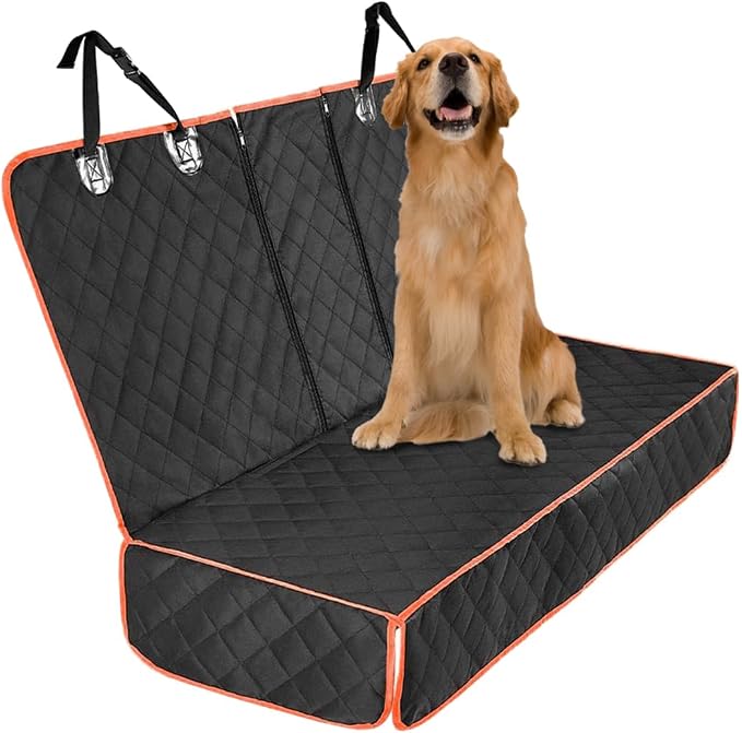 BESULEN Dog Car Seat Cover Waterproof Back Seat Protector Orange Edge | Oxford cloth with grid texture, buckle strap setup, anchor support, fits most cars, SUVs, and trucks, car accessories
