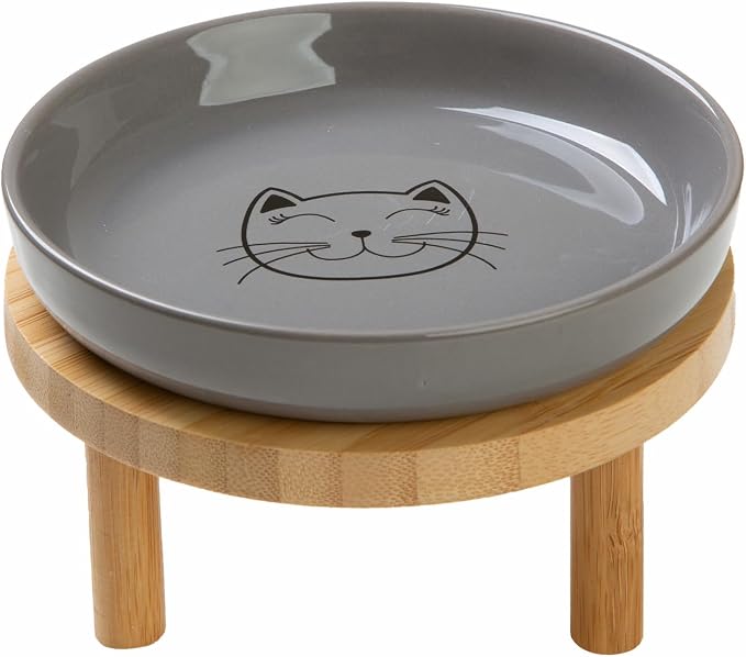 Lusifaco Shallow Wide Elevated Cat Bowls Whisker Fatigue(Grey,Set of 1) | 5.9 Inch 2 Height Raised Ceramic Cat Dishes with Bamboo Stand, Flat Pet Water Food Plates Feeding Station for Indoor Kitten