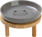 Lusifaco Shallow Wide Elevated Cat Bowls Whisker Fatigue(Grey,Set of 1) | 5.9 Inch 2 Height Raised Ceramic Cat Dishes with Bamboo Stand, Flat Pet Water Food Plates Feeding Station for Indoor Kitten