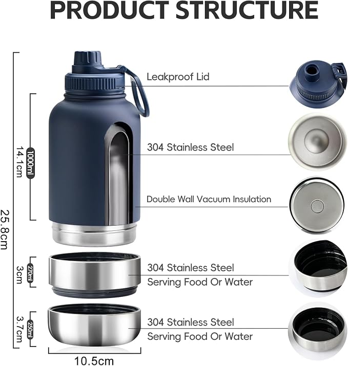 3 in 1 Insulated Stainless Steel Dog & Human Water Bottle | Leakproof Travel Dispenser with 2 Detachable 8.5 oz Bowl, 24H Cold/12H Hot, Carrying Case for Walking, Hiking,Camping & Outdoor Travel
