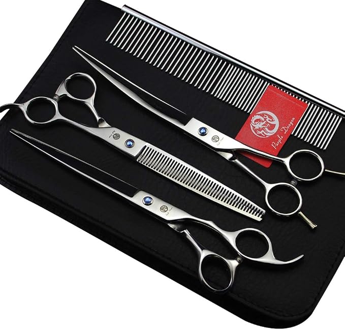 Purple Dragon 8.0 in Dog Grooming Scissors Set with Anti-Shock Bag - Silver | Japanese 440C Steel Pet Grooming Shears, Comfortable Grip, Includes Curved, Straight & Thinning Scissors with Silencer