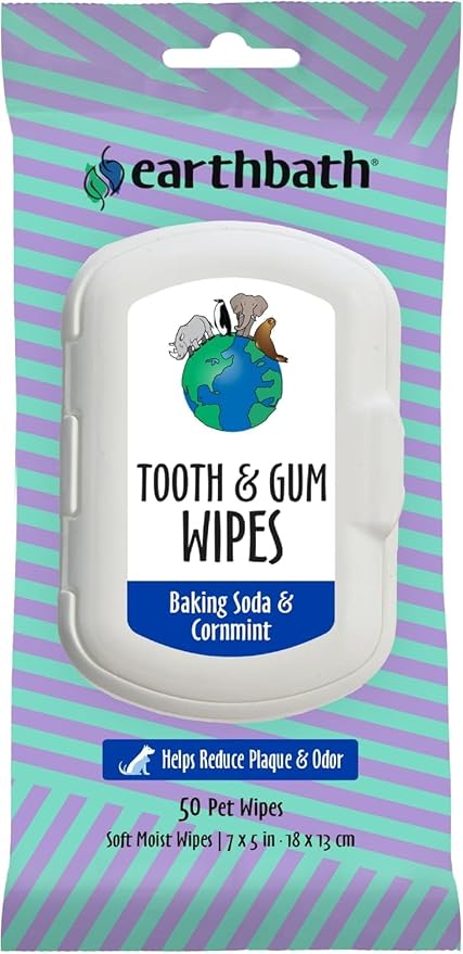 earthbath Tooth & Gum Wipes, Mint Dog Teeth Cleaning Wipes, 50 Count | No Brush Pet Dental Finger Swab for Dog and Cat Teeth Cleaning, Made in USA - Baking Soda & Cornmint