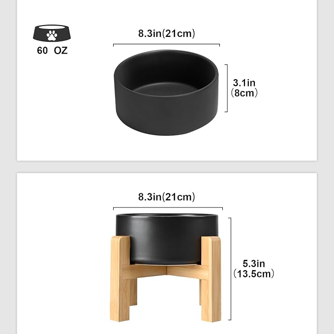 SPUNKYJUNKY Ceramic Elevated Dog Bowls 2 Pack - 8.3inch Raised Dog Bowls with Non-Slip Wooden Stand for Large Dogs Dishwasher Safe(Black,60OZ*2)
