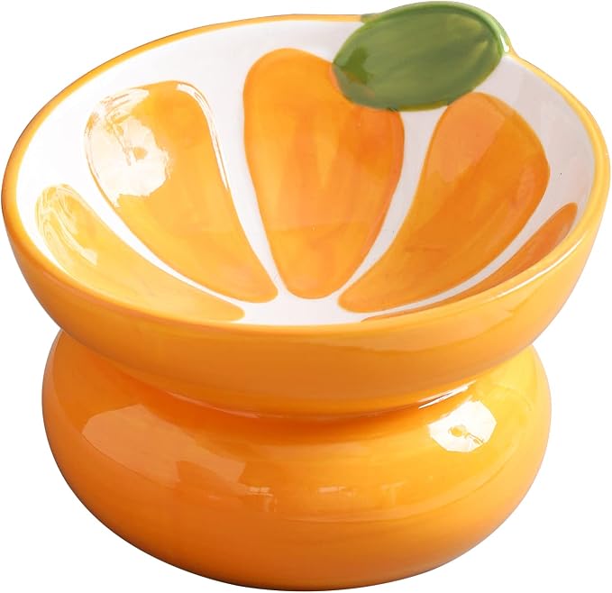 Cute Ceramic Raised Cat Food Bowl, Orange Shaped Cat Dish | Elevated Design, Fruit Themed, Anti Vomiting, Tilted Feeding, Indoor Cats