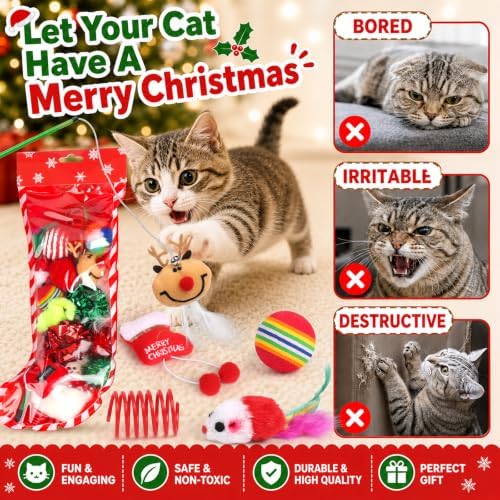 Christmas Stocking Cat Toys, 15PCS Christmas Cat Toy Set with Mouse, Squeaky Toys, Balls, Cat Teaser, Indoor Interactive Cat Toy Gift - Red - Image 3