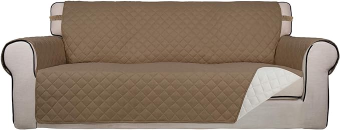 PureFit Reversible Quilted Sofa Cover Dog Couch Covers for Sofa, 66 in | Camel/Ivory, Water Resistant Couch Protector, Washable Pet Couch Cover with Non Slip and Elastic Straps For Kids