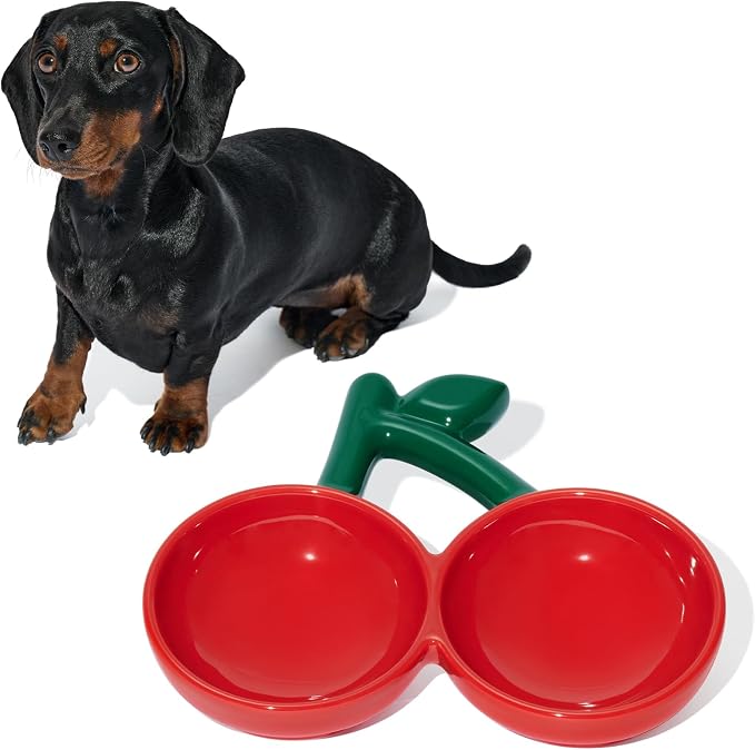 VETRESKA Ceramic Pet Bowl, Tilted Design Pet Feeder for Food and Water | Anti Vomit Cat Bowls for Indoor Cats Cute Cherry Cat Bowl Dishwasher Safe