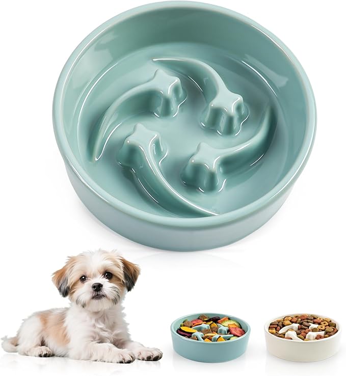 Ceramic Slow Feeder Dog Bowls, 0.6 Cups Dog Food Dish for Small Breed | Puzzle Dog Food Bowl for Fast Eater, 15OZ, 6.3 inch (Light Green)