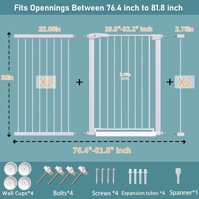 Fairy Baby 38" Extra Tall Baby Gate for Stairs, 76.4"-81.8" Extra Wide Large Pet Gate for Doorways, Metal Pressure Mounted Auto Close Safety Child Dog Gate Indoor for Toddler Kids or Pets, White