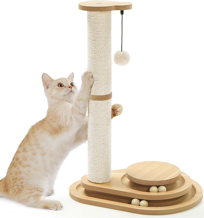 Made4Pets Cat Scratching Post for Indoor Cats with Ball Track 23.4" | Interactive Cat Scratching Post with Natural Sisal Rope, Rolling Ball Track and Taller Scratching Height, Modern Home Décor