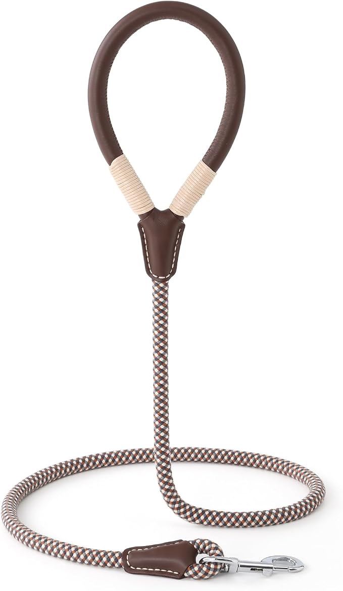 Mile High Life Dog Leash with Genuine Leather Handle, 4/5/6 FT | Comfortable Leather Grip Rope Leash, Heavy Duty 360° Swivel Metal Clasp, for Small Medium & Large Dogs (Brown Plaid, 60 Inch)