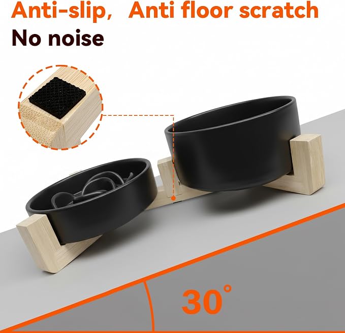 Ceramic Slow Feeder Dog Bowl Set-0.8 Cup Puzzle Dog Food Bowl（≈180g Food） for Fast Eater & 850ML Dog Water Bowl with Wooden Stand for Small Dogs and Cats,Anti-Slip-White