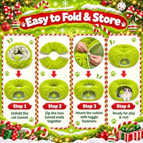 Christmas Cat Tunnel Bed Under Christmas Tree for Indoor Plush Lime Green Cats Xmas Cat Donut Tunnel Foldable Plush Peekaboo Cat Cave Toy for Small Cat Kitten (2.8 ft*2.8ft*10inch, Lime Green) - Image 5