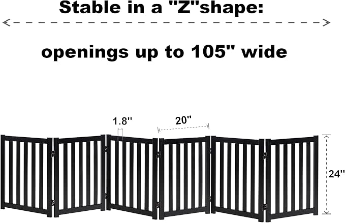 LZRS Wooden Free Standing Dog Gate 120" W x 24" H, Foldable Solid Hardwood Pet Safety Fence for House Doorways, Stairs, Hallways, Step-Over Pet Barrier, No Drill Easy Setup, Black