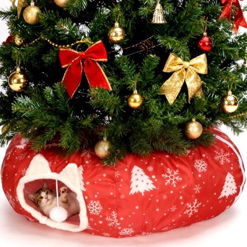 Cat Tunnel Bed Under Christmas Tree, Cat Tunnel Christmas Tree Skirt for Indoor Cats, Donut Tunnel Toys for Multiple & Large Carts, for Kitten, Rabbit, Puppy, Red Snowflake by LVUVXVAV