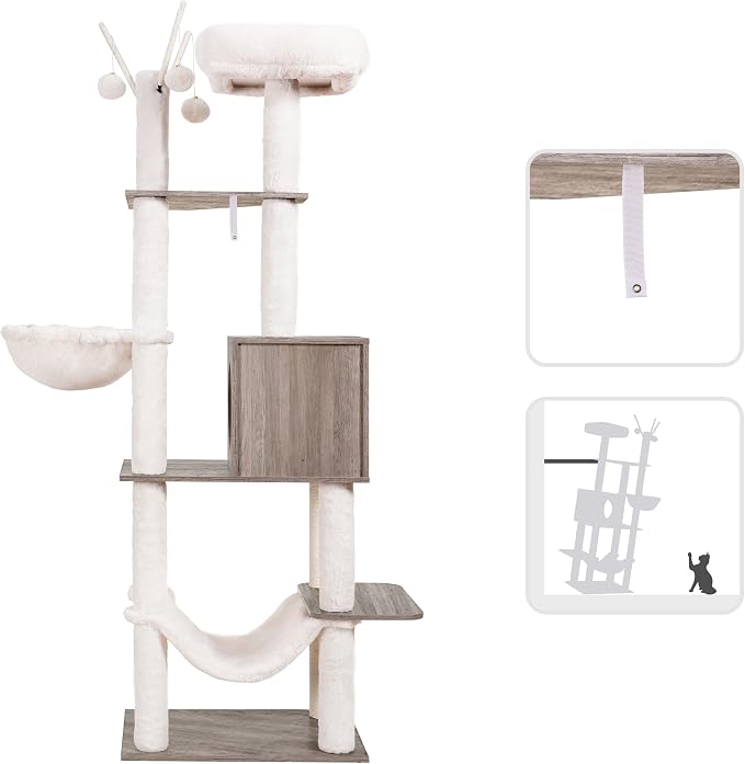 Hey-brother Wooden Cat Tree Tower with Hammock for Indoor Cats, MPJ120SG | 66.14 Inches Modern Scratching Post with Large Condo, Plush Top Platform, Cozy Basket, Bed, Hanging Toys, Rustic Gray
