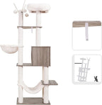 Hey-brother Wooden Cat Tree Tower with Hammock for Indoor Cats, MPJ120SG | 66.14 Inches Modern Scratching Post with Large Condo, Plush Top Platform, Cozy Basket, Bed, Hanging Toys, Rustic Gray