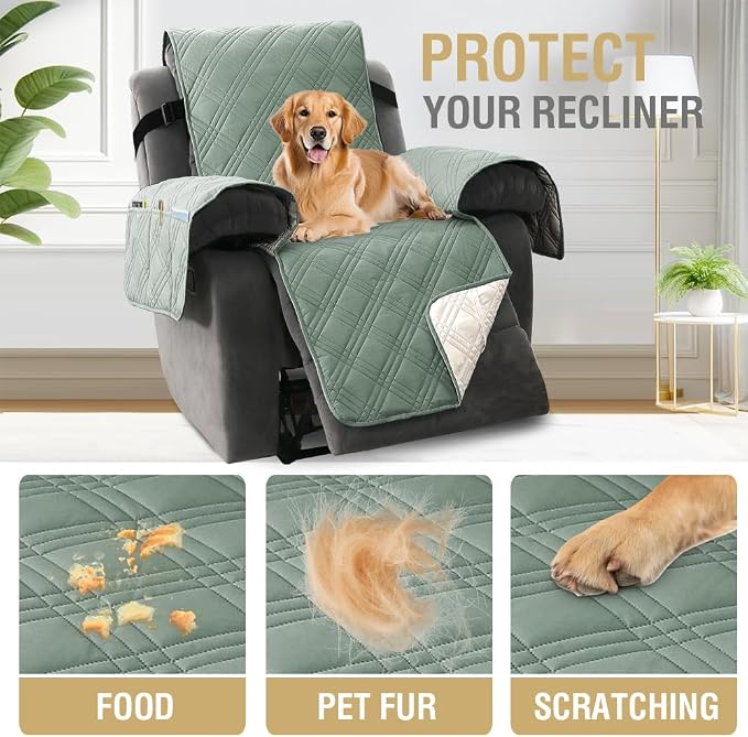 H.VERSAILTEX 100% Waterproof Recliner Cover 1-Piece Reversible Lazy Boy Recliner Chair Covers Furniture Protector with Elastic Straps for Pets Kids Sitting Width Up to 23" (Recliner, Lily Pad/Beige)