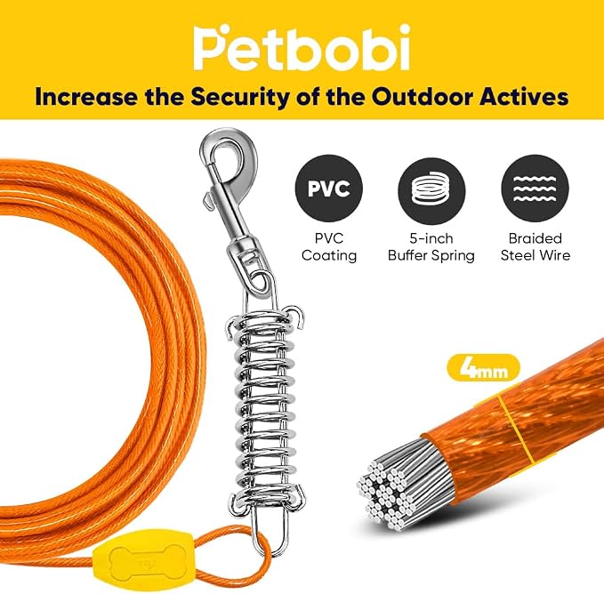 Petbobi Dog Tie Out Cable and Stake, 20ft Heavy Duty Dog Leads for Yard | 4in Shock Spring, 16in Spiral Ground Anchor, 360° No-Tangle Swivel, Chew-Proof Rustproof Wire, Up to 120 lbs, Outdoor Camping