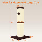 Cat Scratching Post for Indoor Cat, 32 Inch Large Cat Scratcher | Sisal Cat Scratcher with Sturdy Base for Cat Adults, Cat Scratch Post with Vertical Stretch Space, Beige