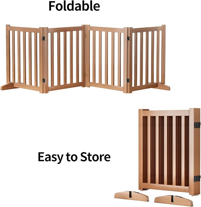Wooden Freestanding Foldable Dog Gate, 24 Inch Height 4 Panel Pet Gate No Drill for Doorways Stairs, Fully Assembled Indoor Puppy Fence (Brown, 80" W x 24" H)