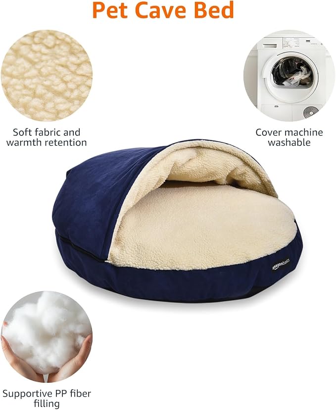 AmazonBasics Pet Cave Bed for Dogs and Cats, with Removable Nesting Cave Cover, Fits up to 30lbs Pets, 35 x 35 x 13 inches, Blue