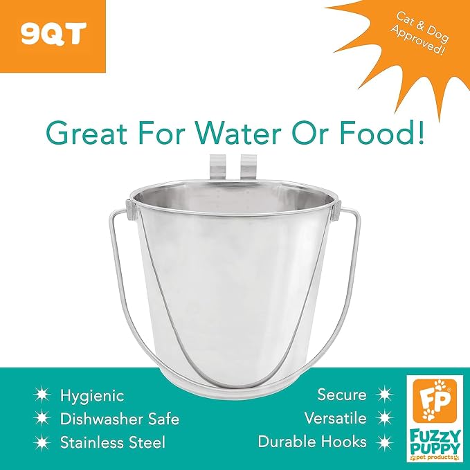 Flat Sided Pail with Dual Hooks, Snugly Fit On Dog, Cat and Critter Crates & Cages, Heavy Duty Stainless Steel | 9 Quart (PN: FSP-9)
