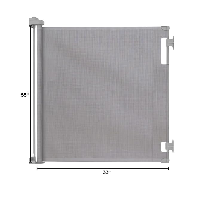 Retractable Baby Gate Perma Child Safety 33" Tall x 55” Wide, Mesh, for Stairs, Doorways, Dogs, Pets, Indoor, Outdoor, One-Handed Operation, Locking, Easy Install, Hardware Mount, Gray