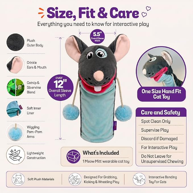 Pounce & Purr Meow Mitt Wearable Cat Wrestling Glove Puppet - Mouse | Catnip & Silvervine plush hand puppet, crinkle sounds & wiggling arms - dual-layer interactive toy, indoor cats & kitten